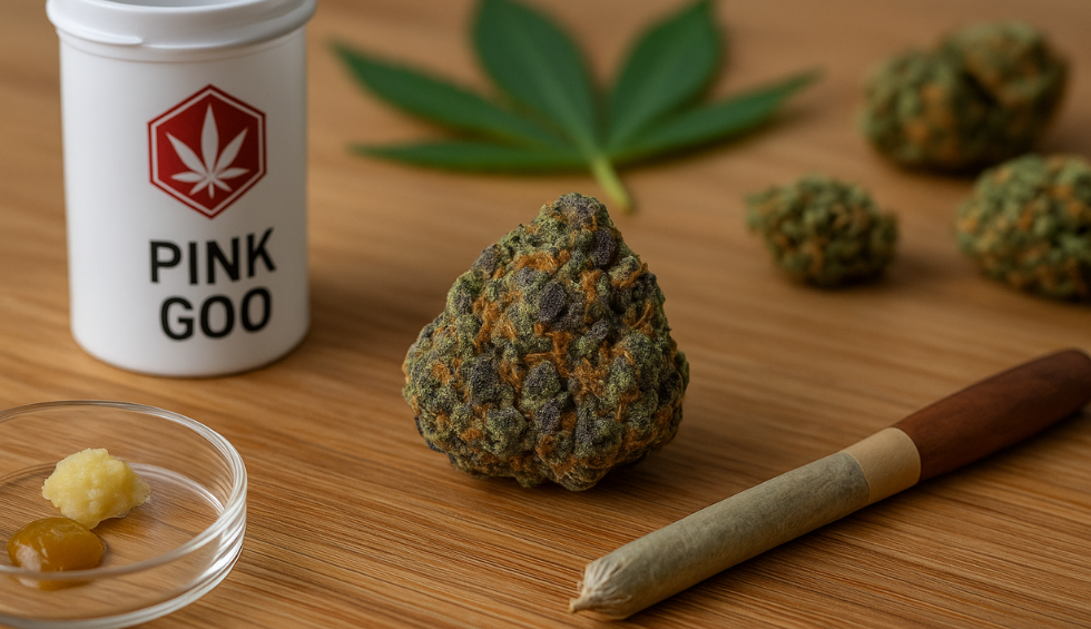 Pink Goo cannabis bud with a pre-roll, concentrate samples, and labeled container highlighting strain genetics
