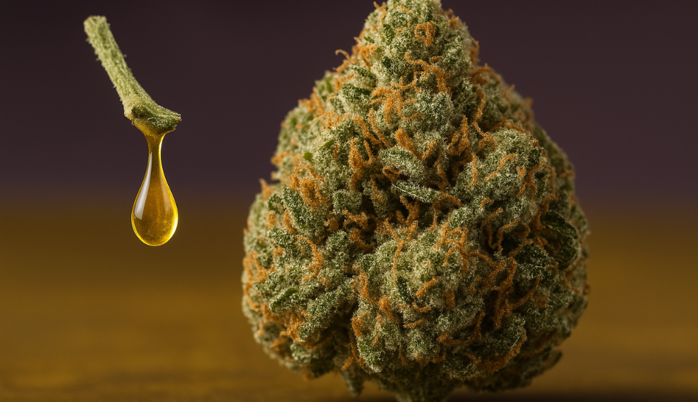 Pink Goo cannabis bud with a golden THC oil drop highlighting its strong potency and cannabinoid content