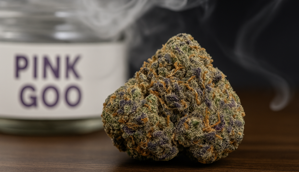 Close-up of Pink Goo cannabis bud with frosty purple and orange hues, smoke in the air, and labeled jar in background