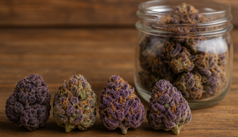 Variety of purple cannabis buds lined up with full jar in background from online dispensary in Canada