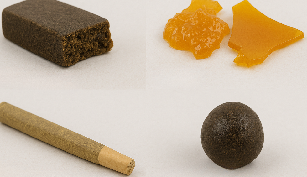 Various popular cannabis hash types including pressed, resin, pre-roll, and charas on white background