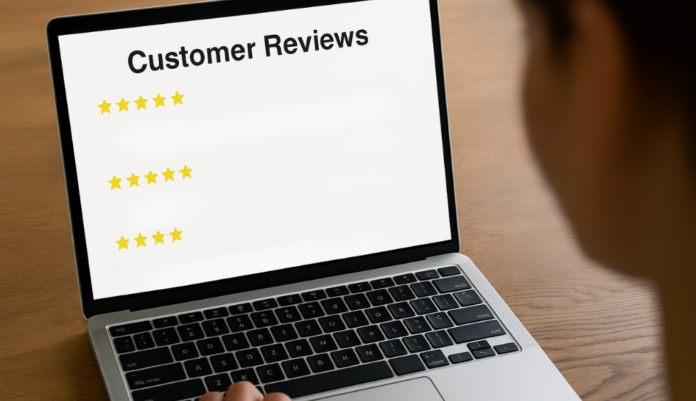 Person viewing a laptop screen displaying customer reviews with five-star ratings for online products