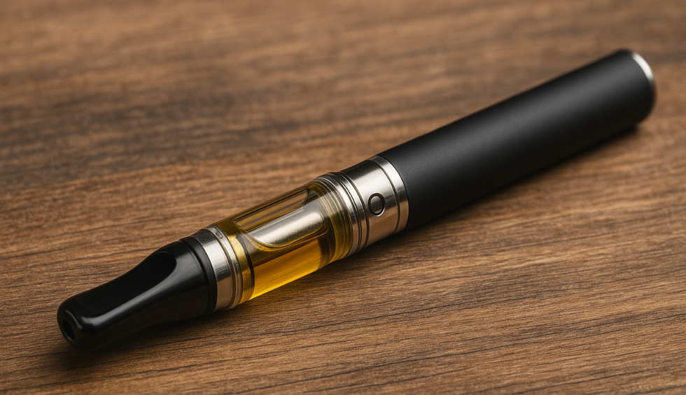 Close-up of a refillable weed vape pen with a golden cannabis oil cartridge on a wooden surface