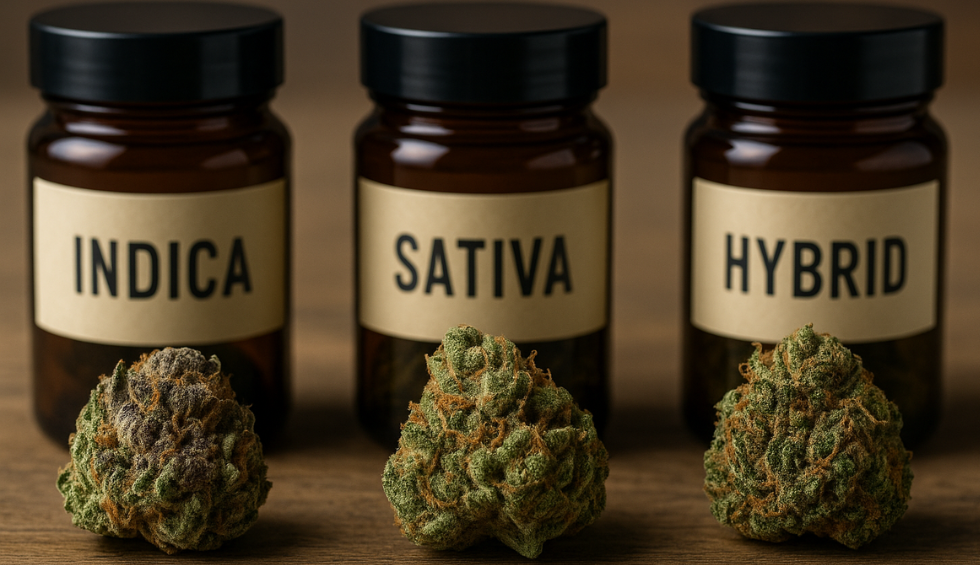Strongest weed buds with jars labeled Indica, Sativa, and Hybrid displayed on a wooden table