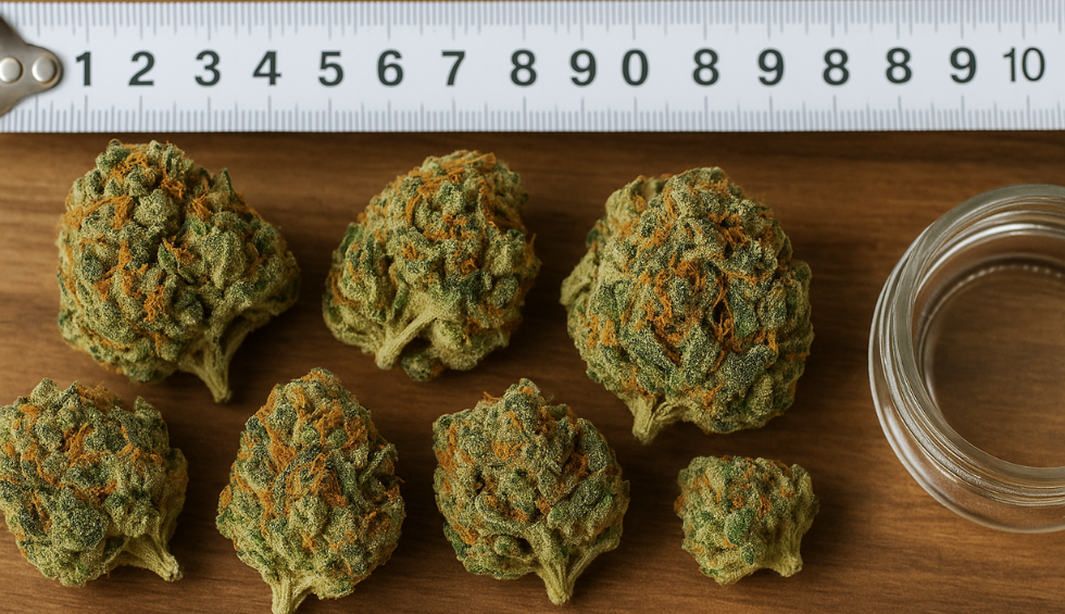High THC indica cannabis buds measured with ruler on wooden surface to show size and quality