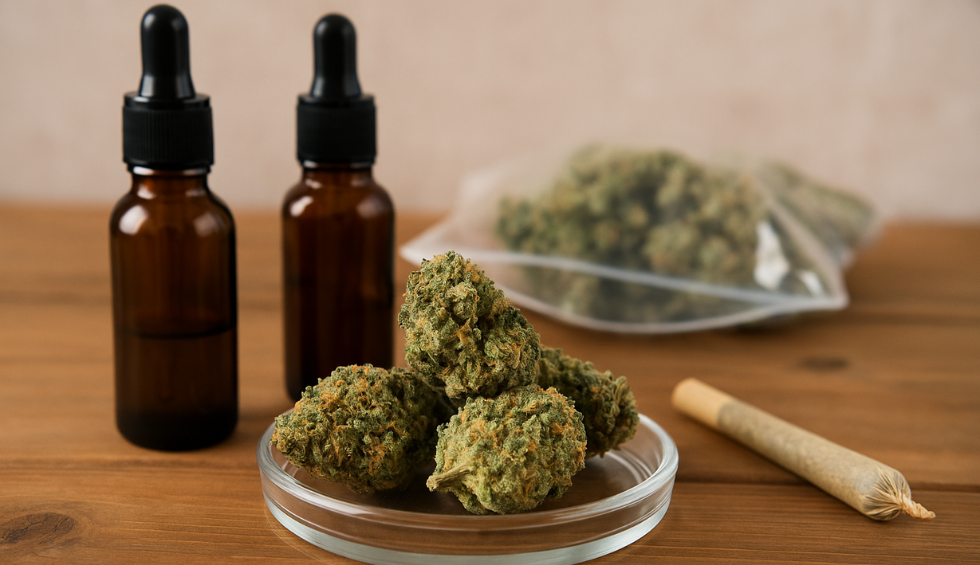 Close-up of sativa cannabis buds with oil dropper bottles and a pre-roll on wooden table