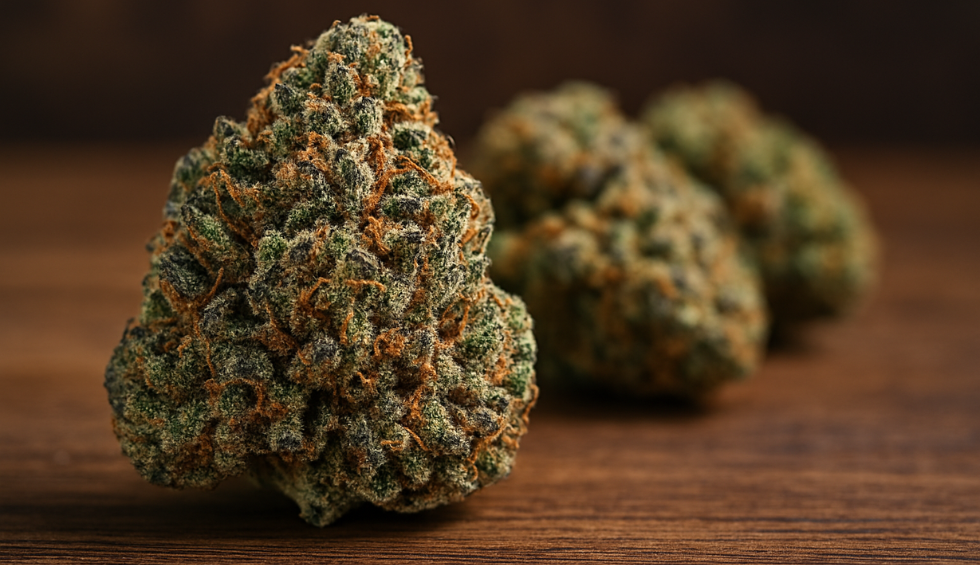 Close-up of dense cannabis buds with orange hairs and frosty trichomes on a wooden surface