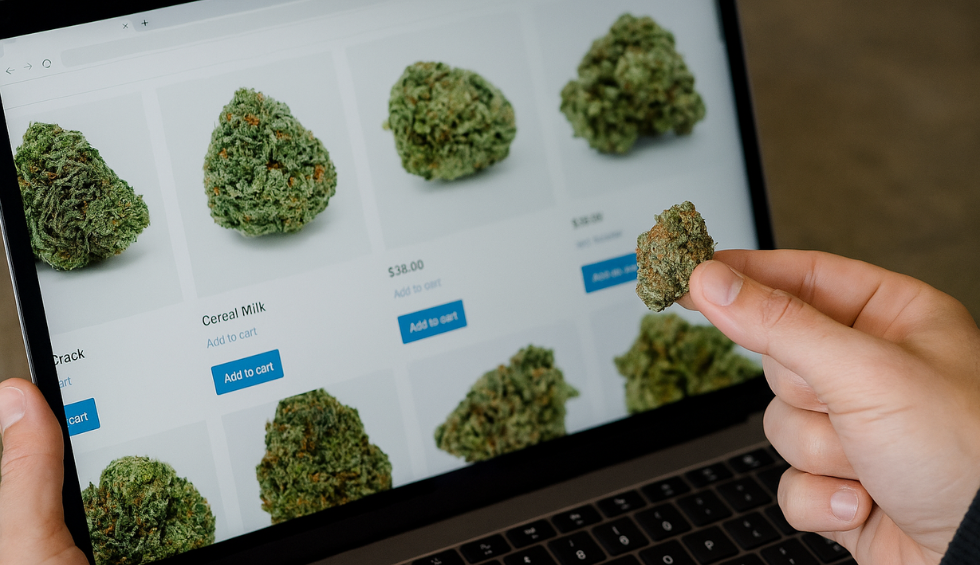 Person holding a cannabis bud while browsing online store listings for Cereal Milk strain on a laptop screen