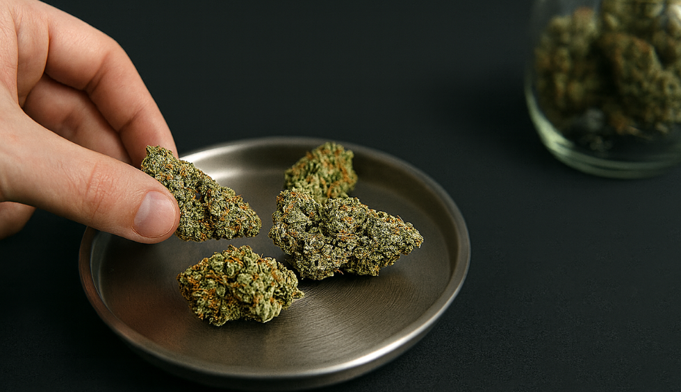 Hand selecting potent cannabis buds from metal dish to choose the strongest weed strains