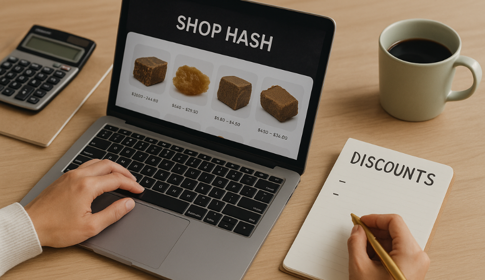 Person comparing hash prices on laptop and noting discounts to find best online cannabis deals