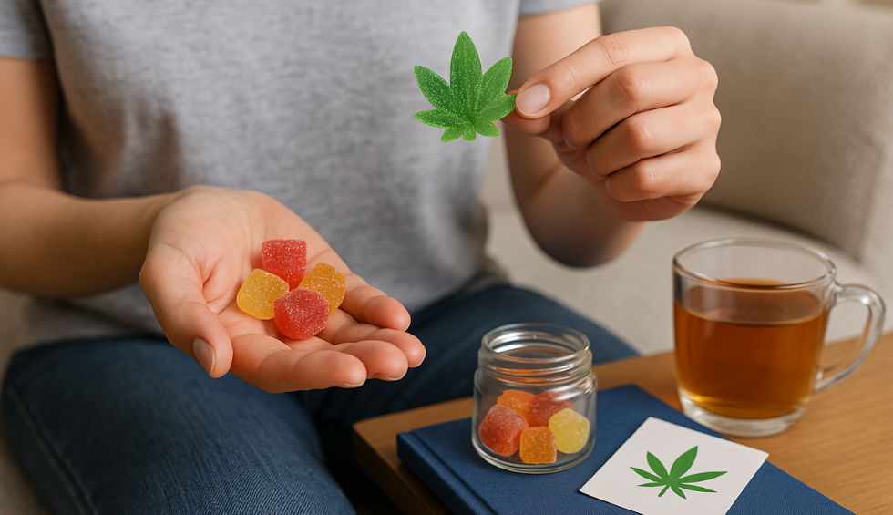 Person holding cannabis gummies and leaf-shaped edible with tea nearby for a safe and enjoyable experience