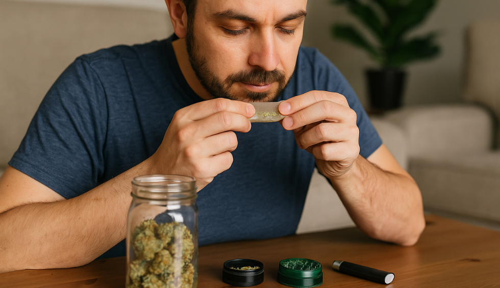 Man preparing a cannabis joint at a table with a jar of Cherry Pie buds, grinder, and vape pen nearby