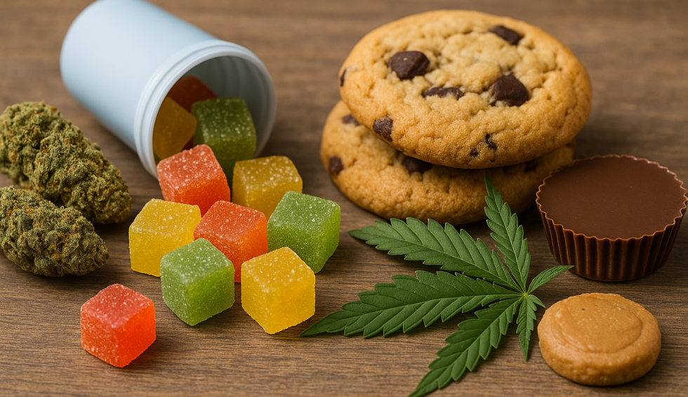 Assorted Canadian cannabis edibles including gummies, cookies, and chocolates with cannabis buds and leaf