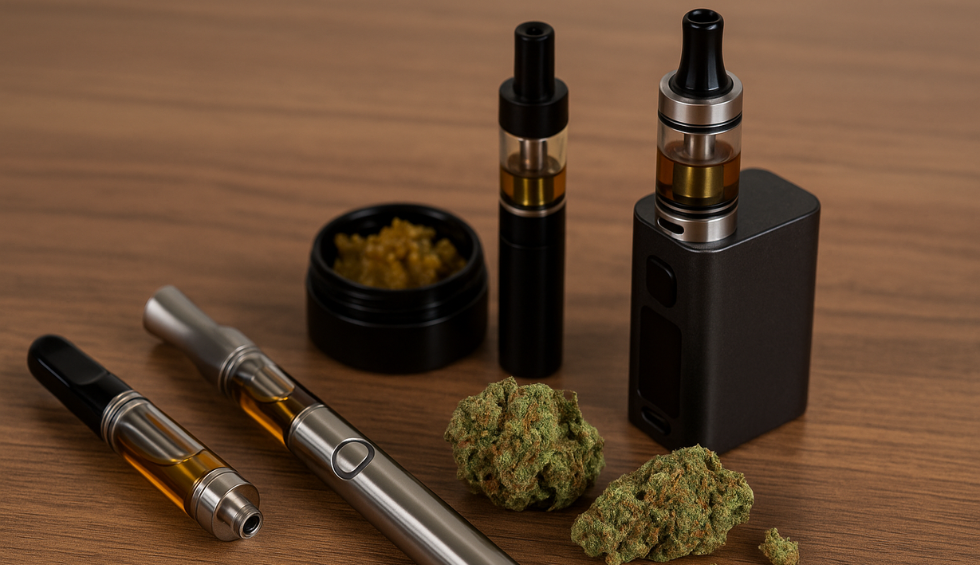 Various weed vape pens, vape mods, cannabis buds, and concentrates arranged on a wooden table
