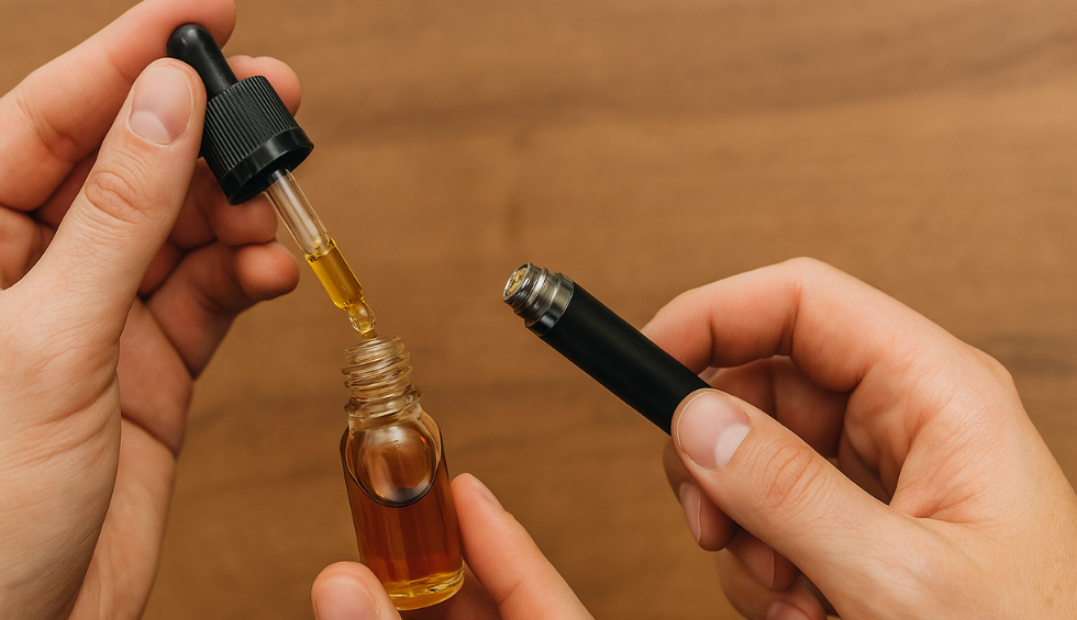 Hands holding a vape pen and dropper bottle while adding cannabis oil, highlighting risk of incompatible concentrates