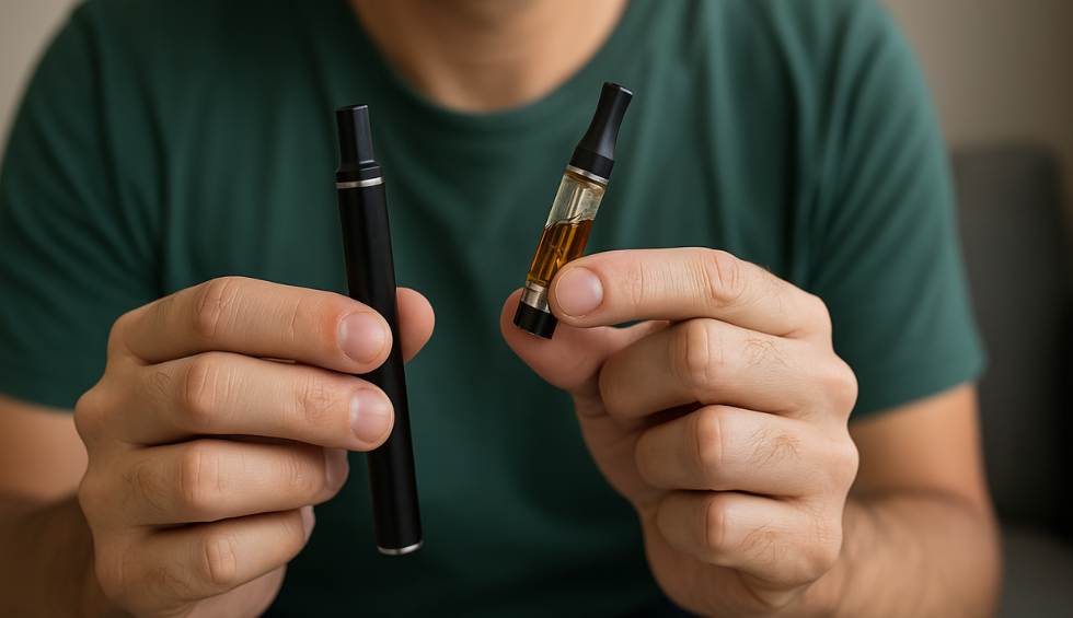 Person holding a weed vape pen and a separate cartridge, highlighting risk of using damaged or faulty parts