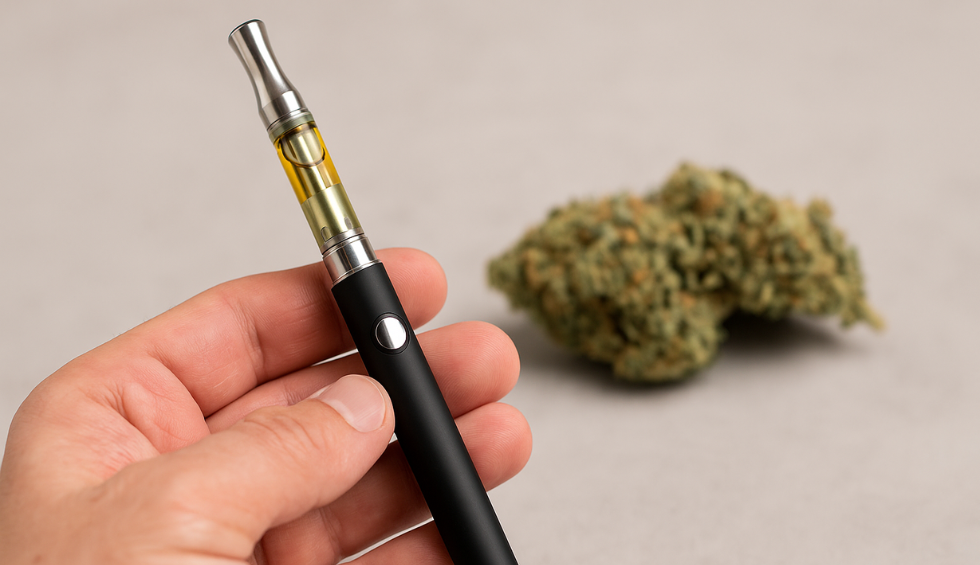Hand holding a weed vape pen with cannabis bud in the background on a neutral surface