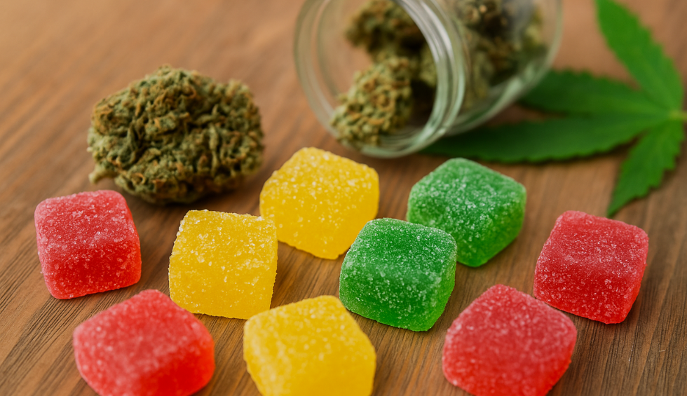 Colorful cannabis gummies in red, yellow, and green with marijuana buds in a glass jar and a fresh cannabis leaf on wood