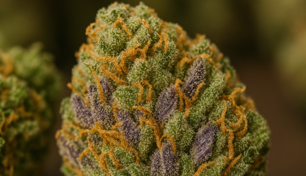 Close-up macro shot of a frosty ganja bud showing vibrant green, deep purple hues, and bright orange pistils