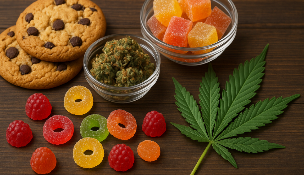 Assorted cannabis edibles including gummies, cookies, and buds with cannabis leaf on wooden surface