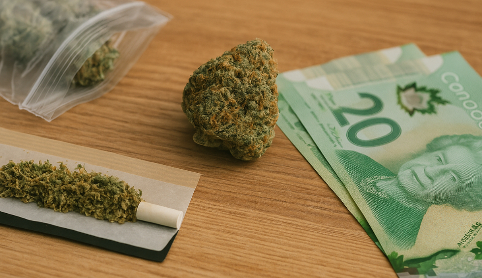 Cannabis bud, rolled joint, and Canadian twenty-dollar bills on a wooden table, symbolizing affordable weed in Canada