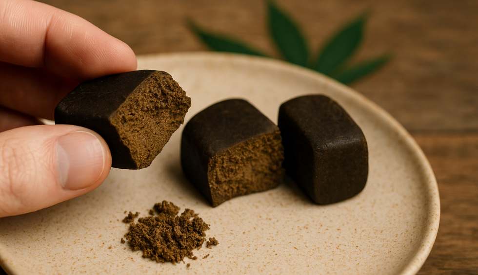 Close-up of hand holding a piece of dark cannabis hashish over a plate with more hash pieces and loose crumbles