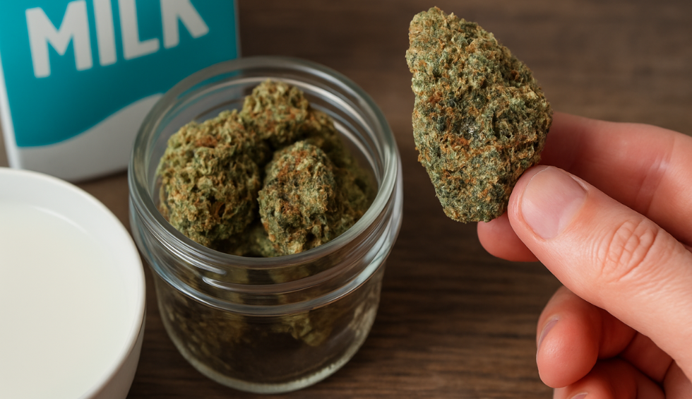 Hand holding a Cereal Milk cannabis bud above a glass jar of buds, with milk carton and cup in the background