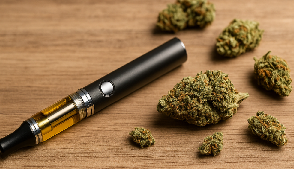 Weed vape pen filled with cannabis oil lying on a wooden table with scattered cannabis buds