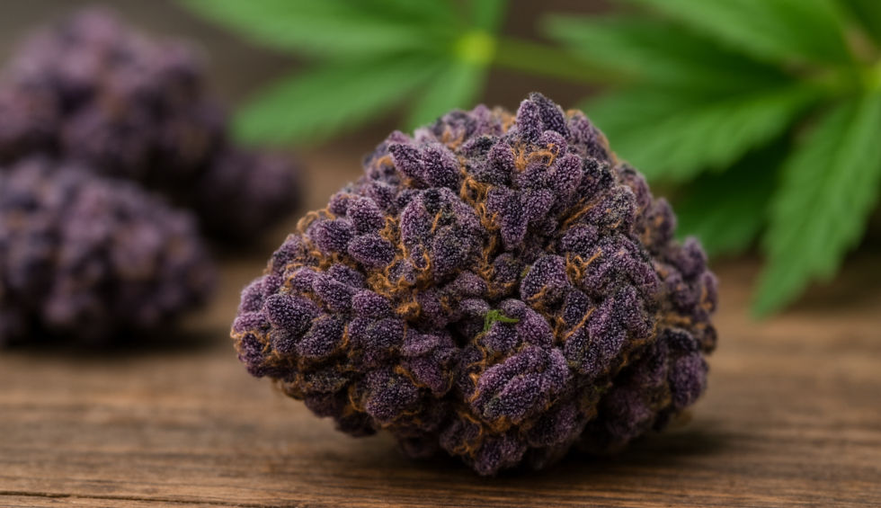 Close-up of dense purple cannabis bud with green leaf blurred in background on wooden surface
