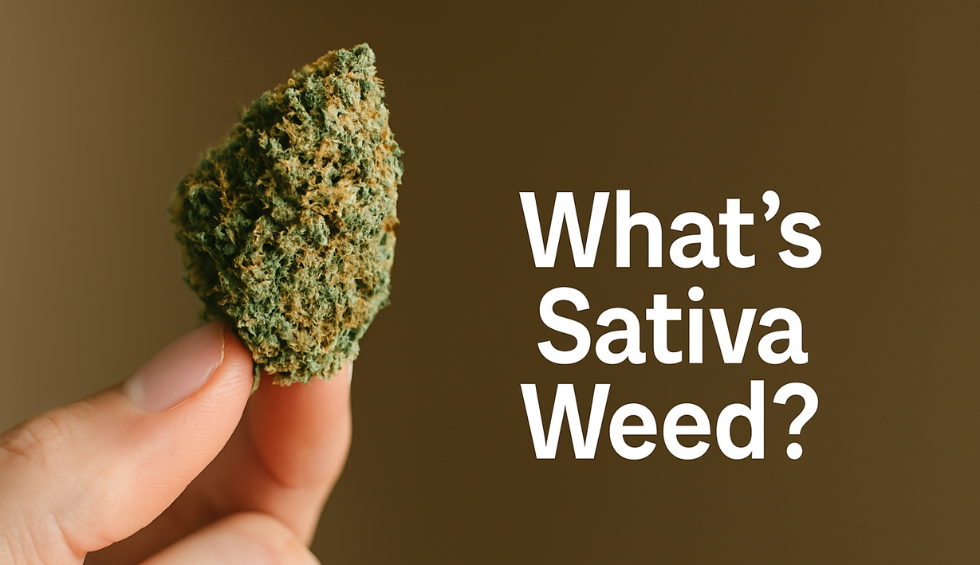 Hand holding a dense green sativa cannabis bud with text “What’s Sativa Weed?” on a plain brown background