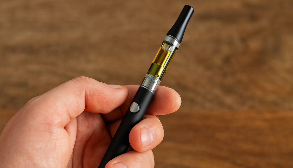 Close-up of a hand holding a black weed vape pen filled with cannabis oil against a wooden background