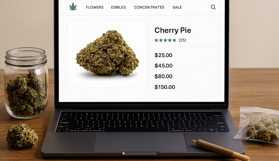 Laptop displaying an online cannabis store listing Cherry Pie strain with pricing, beside jars and bags of cannabis buds