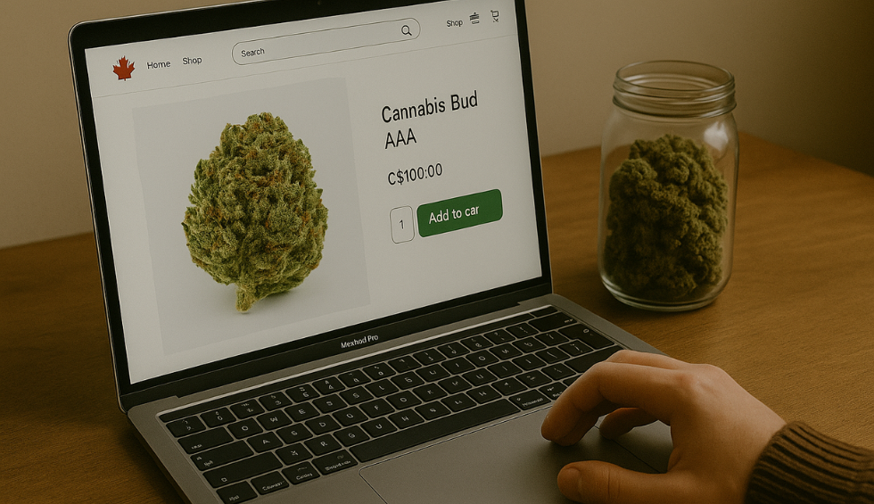 Laptop screen showing a Canadian online shop listing cannabis bud AAA for purchase, illustrating where to buy ganja online in Canada
