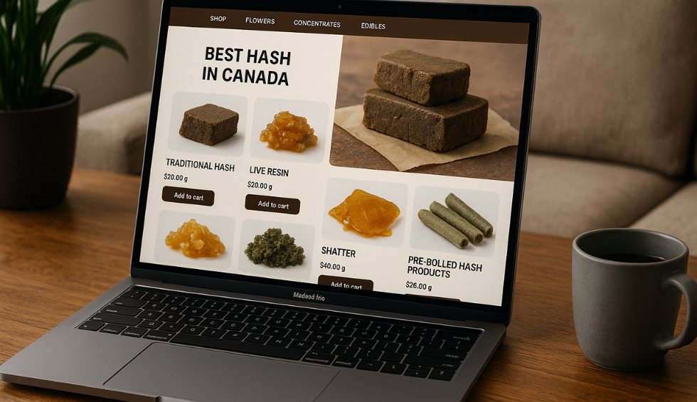 Laptop showing Canadian online store with top hash options like traditional hash, live resin, and shatter