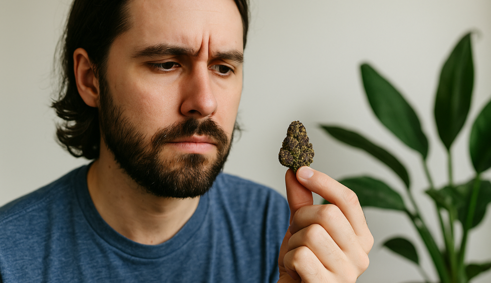 Man holding a dark purple Black Diamond cannabis bud, appearing thoughtful about trying this strain