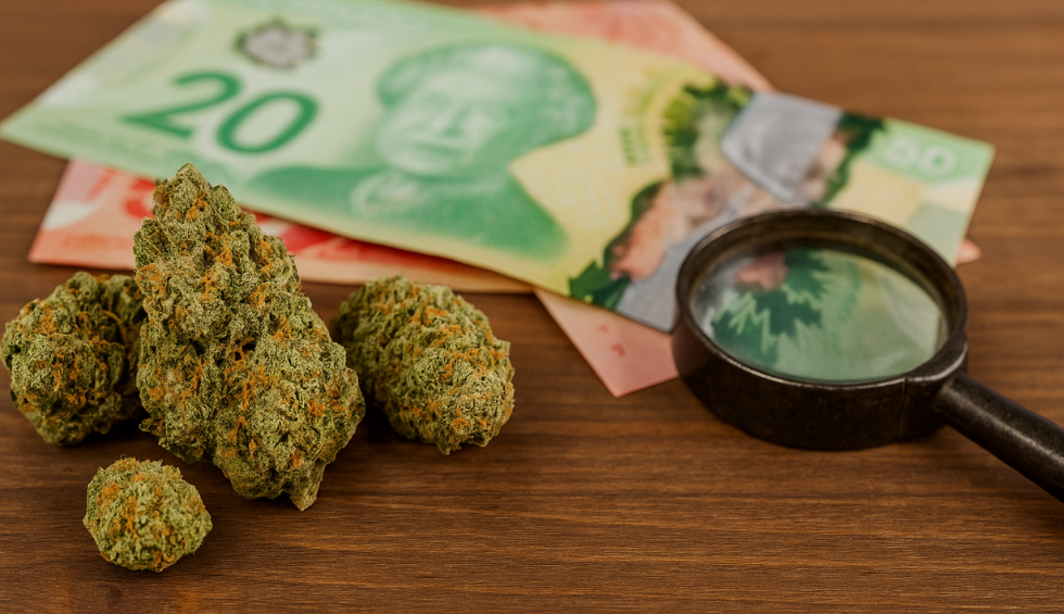 Close-up of cannabis buds with Canadian currency and a magnifying glass, showing that budget buds can still be premium quality
