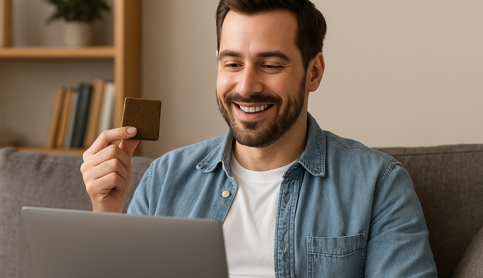 Smiling man holding cannabis hash piece while browsing online store on laptop at home