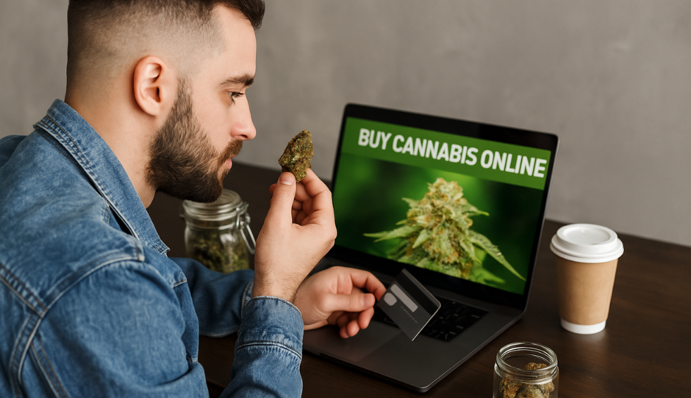Man holding cannabis bud and credit card while shopping for cheap weed online on a laptop in Canada