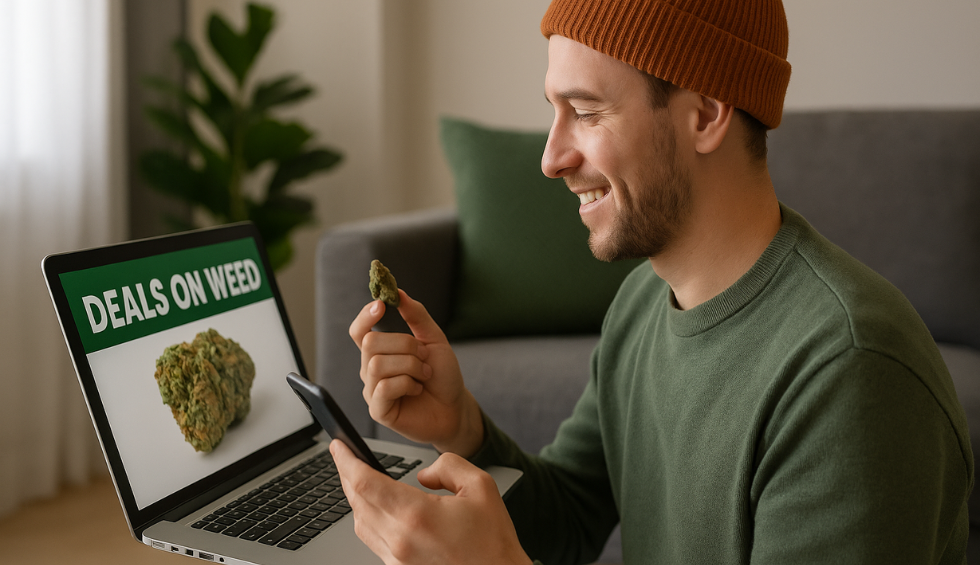 Smiling man at home comparing cannabis deals on laptop and phone, holding a bud while shopping online