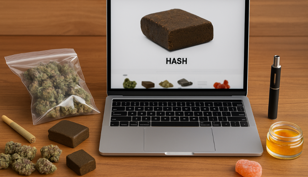 Laptop displaying hash for sale with cannabis buds, hash pieces, vape pen, and edibles arranged on a wooden table
