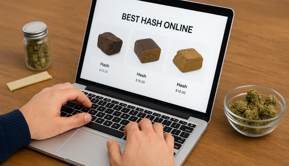 Person browsing an online shop for the best hash, with cannabis buds and rolling paper on a wooden table nearby
