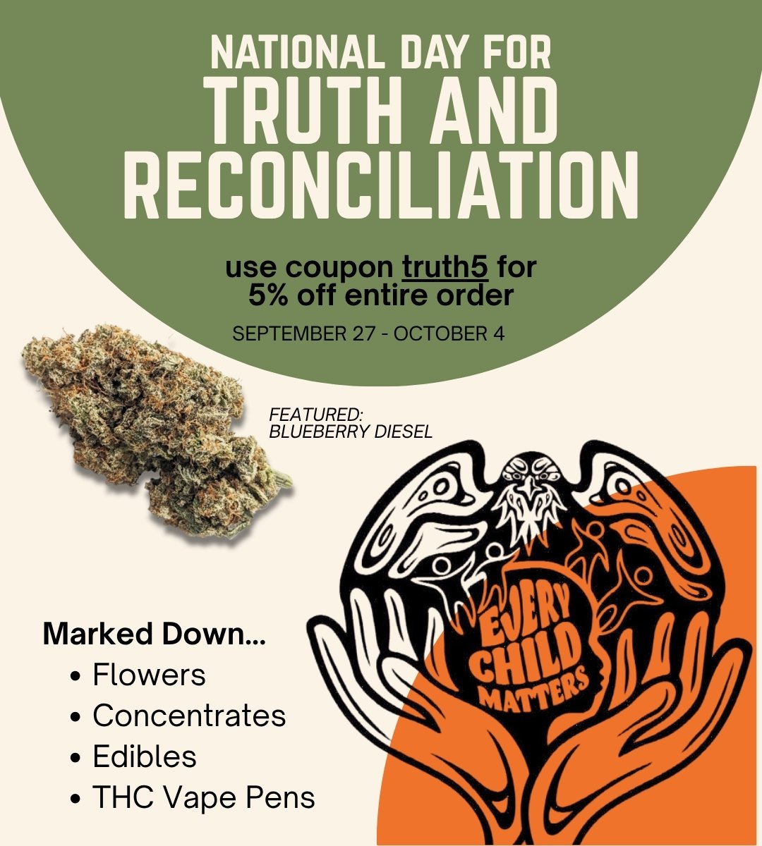 National Day for Truth and Reconciliation Sale | Cheap Weeds | | DNMN Dispensary Near Me Now use coupon truth5 for 5% off entire order (september 27 - october 4) Marked Down... Flowers Concentrates Edibles THC Vape Pens