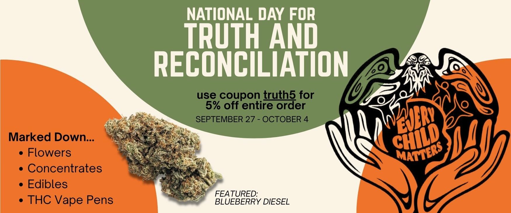 National Day for Truth and Reconciliation Sale | Cheap Weeds | | DNMN Dispensary Near Me Now use coupon truth5 for 5% off entire order (september 27 - october 4) Marked Down... Flowers Concentrates Edibles THC Vape Pens