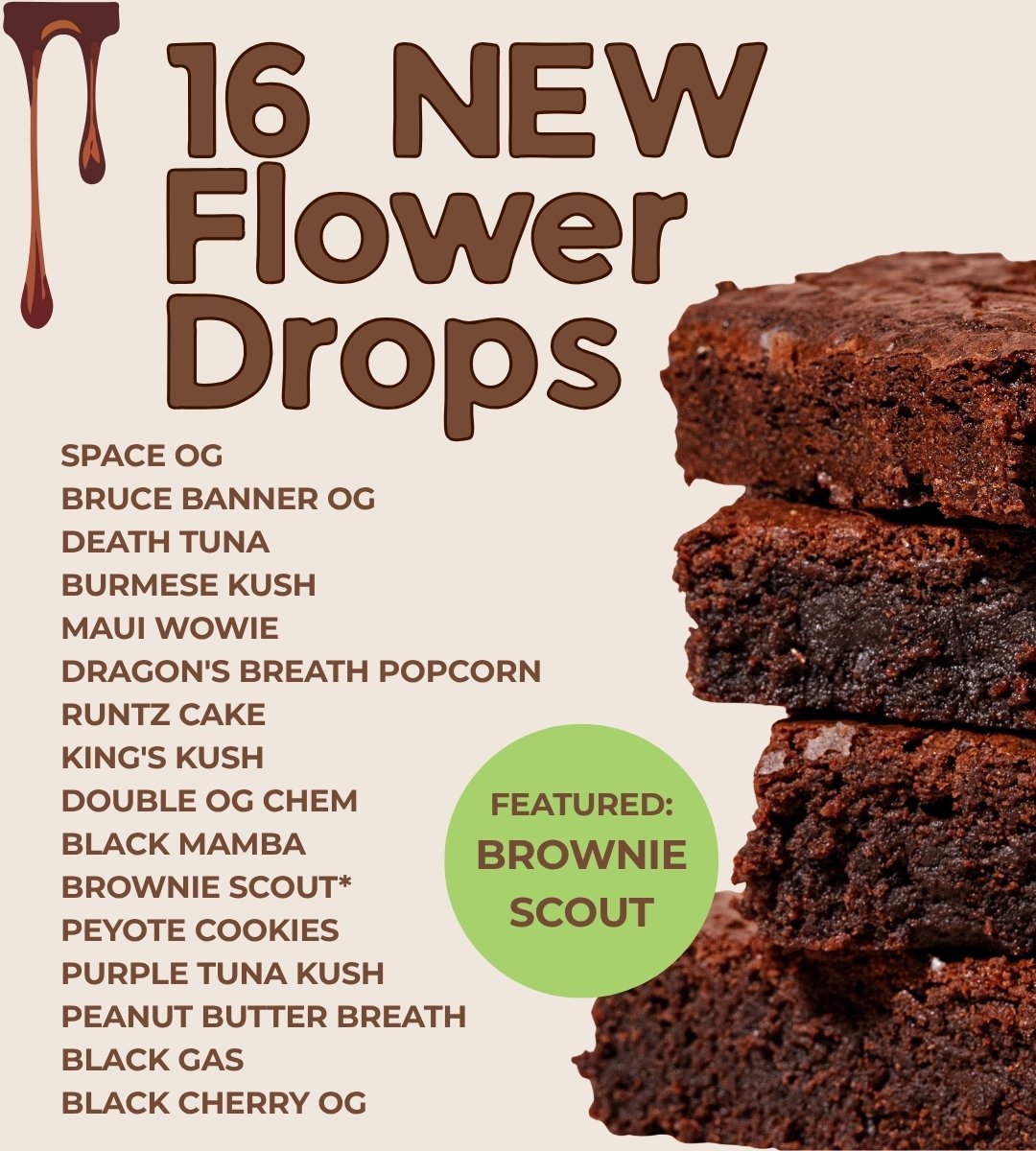 New Flower Drop | Cheap Weeds | DNMN Dispensary Near Me Now New Drop List: Space OG Bruce Banner OG Death Tuna Burmese Kush Maui Wowie Dragon's Breath Popcorn Runtz Cake King's Kush Double OG Chem Black Mamba Brownie Scout* Peyote Cookies Purple Tuna Kush Peanut Butter Breath Black Gas Black Cherry OG Featued: Brownie Scout - Stack of brown brownies pictured beside list of new flowers